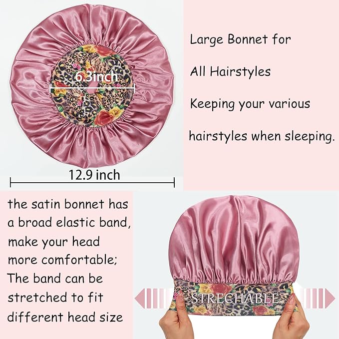 4 Pack Satin Bonnet Silk Bonnet for Sleeping Women, Hair Sleep Bonnets for Women, Wide Soft Band Sleep Cap for Curly Hair Braids