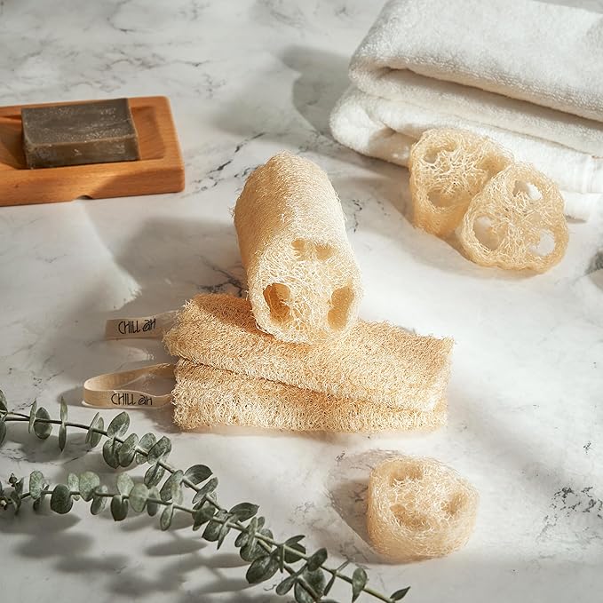 Chill Ah Natural Loofah Sponge Set β 100% Plant-Based, Dye-Free, Biodegradable Bath Exfoliator for Glowing Skin β Handcrafted in Vietnam (4-Pack)