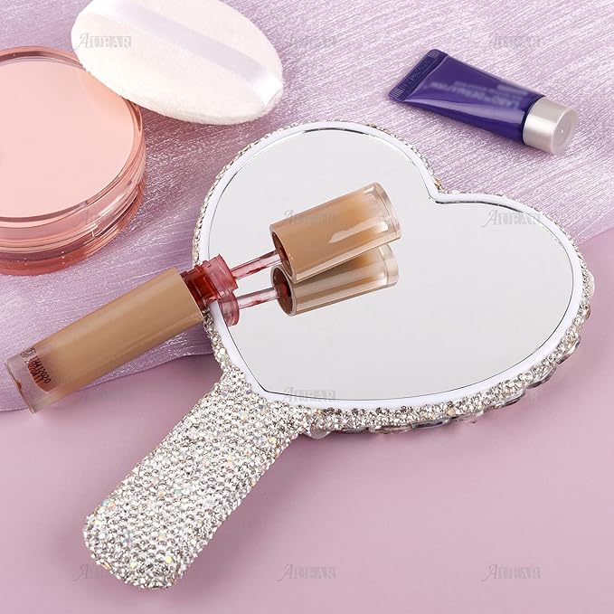 AUEAR, Rhinestone Handheld Mirror Bling Glitter Cosmetic Dazzling Portable Hand Mirrors with Handle for Women White Love Heart