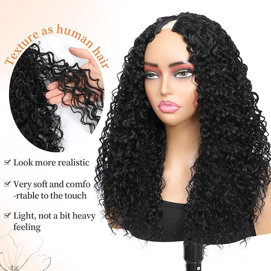 HUA 14 Inch Curly V Part Wig Human Hair Mixed Synthetic Upgrade U Part Human Hair Wig for Black Women Daily Use Glueless V Shape Wigs Afro Curly Wigs 180% Density Natural Black Color