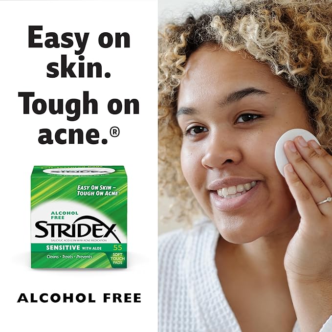 Stridex Medicated Acne Pads, Sensitive, 55 Count β Facial Cleansing Wipes, Alcohol Free Face Treatment, For Mild to Moderate, Smooth Application