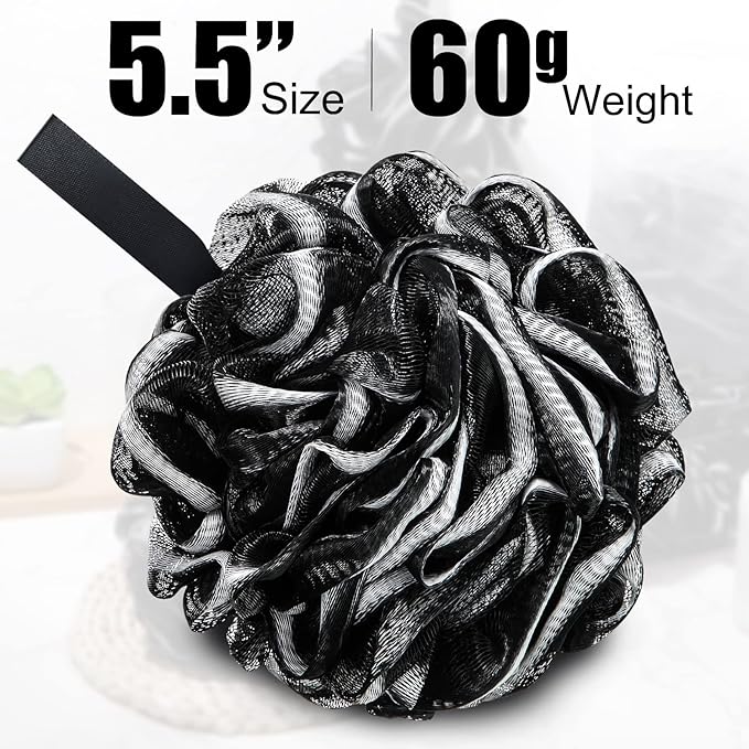 Shellwei 32 Pcs Bath Sponge Shower Loofahs Bulk 60 g Charcoal Body Shower Sponge Large Mesh Puff Soft Scrubber for Men and Women Exfoliating Pouf Balls with Bathing Accessories(Black White)