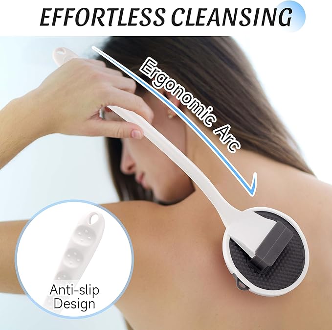 Silicone Back Scrubber for Shower, 15.68'' Detachable Long Handle Bath Brush with Soft Loop Bristles for Deep Cleansing & Gentle Exfoliation, Wall Mounted Body Brush, Men & Women