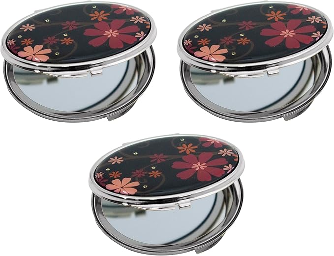 Stephanie Imports Set of 3 Double Sided Magnifying Compact Slim Mirrors with Printed Insert (Black Floral, Round)