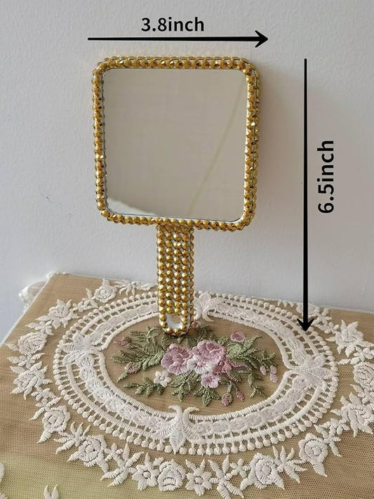 Sparkling Rhinestone Handheld Mirror Bling Hand Mirror Adorable Decorative Cosmetic Hand Mirror with Handle Glitter Makeup Mirror, Meaningful Gifts for Women Girls Golden