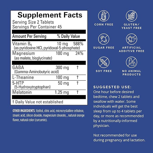 BRAINMD Put Me to Sleep Naturally - 90 Chewable Tablets - with Melatonin, L-Theanine, Magnesium, GABA, Vitamin B6 & 5-HTP - Gluten Free - 45 Servings