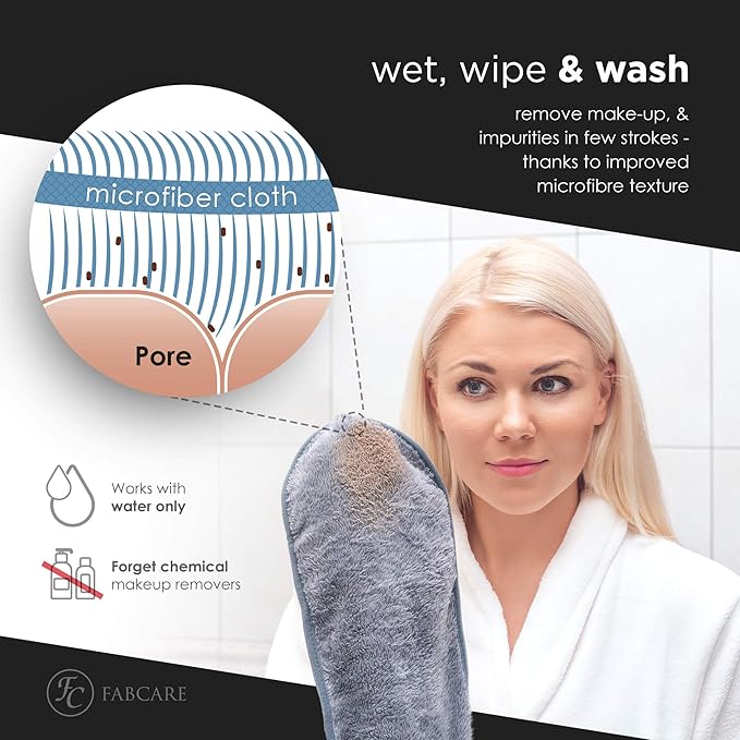 FABCARE Makeup Remover Cloth Microfibre (4 Pieces) - DERMATEST Very Good - Washable up to 95Β°C - Integrated Removal Glove for Face - Reusable and Washable Microfibre Cloths for Skincare
