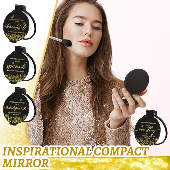 100 Pcs Inspirational Compact Mirror Bulk Small Pocket Mirror Purse Round Portable Folding Makeup Mirror Mini Compact Mirror Gifts for Women Coworker Employee Teacher(Black)