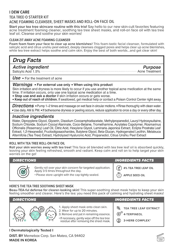 I Dew Care Tea Tree Skincare Set - Tea Tree-O Starter Kit | Salicylic Acid & Tea Tree Oil, Acne Care Treatment, Cleanser, Sheet Masks, and Roll-On Face Oil, Travel Size, TSA Friendly Size
