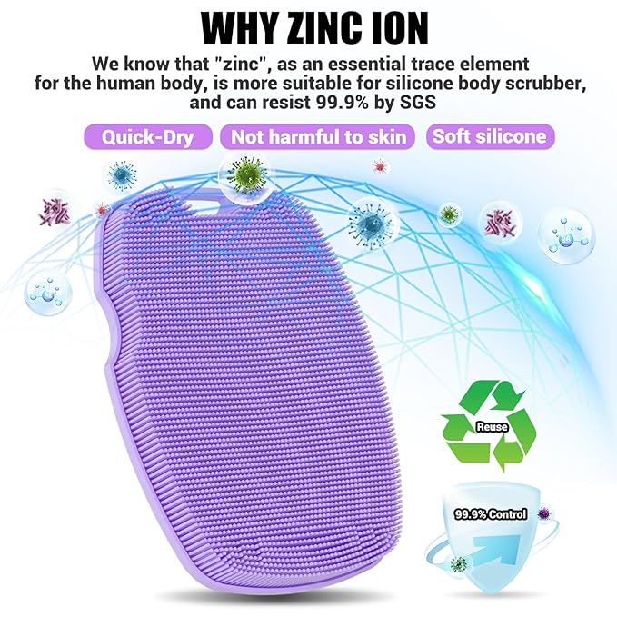 Silicone Body Scrubber - Zinc Infused-Highly Elastic Bristles Exfoliating Body Scrubber for Shower Body,Cellulite Reduction,Blood Circulation - Purple