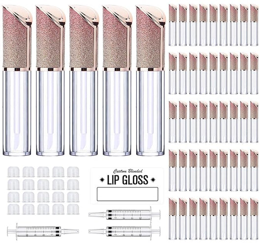 AMORIX 50 Pack Lip Gloss Tubes with Wand 5ml Lip Gloss Containers Lip Gloss Supplies Kit with 3pcs Syringes for DIY Lip Gloss Base, Oblique Cap