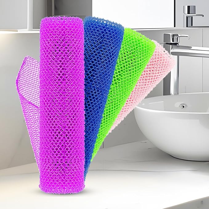 4 Pieces African Net Sponge – Deep Exfoliating Mesh Bath Scrubber for Silky Smooth Skin, Quick Drying & Long-Lasting, Great for Full Body & Back Scrubbing(Purple Green Blue Pink)
