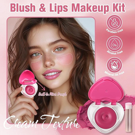 Heart-Shaped Cream Blush for Cheeks & Lips β 2-in-1 Tinted Lip and Cheek Balm Kit with Mini Brush β Blendable Dewy Blusher Face Makeup for Women, Portable Compact for Travel & On-the-Go Touch Ups 06