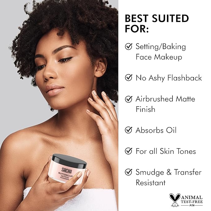 Sacha BUTTERCUP RosΓ© Setting Powder. No Ashy Flashback. Blurs Fine Lines and Pores. Loose, Translucent Face Powder to Set Makeup Foundation or Concealer. For All Skin Tones, 1.75 oz.
