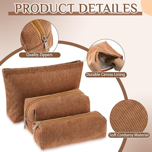 3 Pcs Makeup Bag Set for Women Corduroy Cosmetic Pouch Aesthetic Smile Travel Toiletry Bag Cute Purse Pouch Pencil Case Makeup Brushes Storage Organizer for Christmas(Brown,Solid Style)