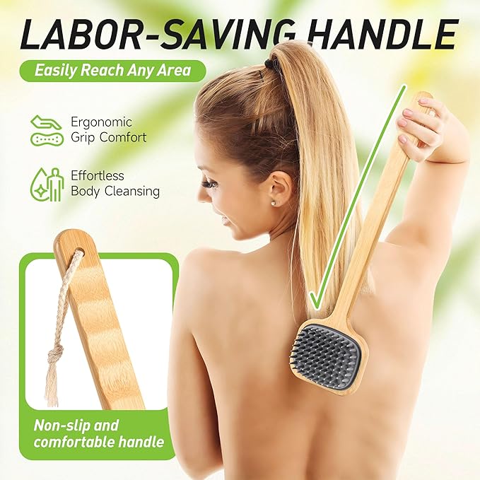 Back Brush for Shower, 16.92'' Dual-Sided Silicone Bristles Shower Scrubber for Body, Thickening Bamboo Handle, Wall Mounted, Wet or Dry Use for Bath, Massage, Itch Relief, Personal Care Gift