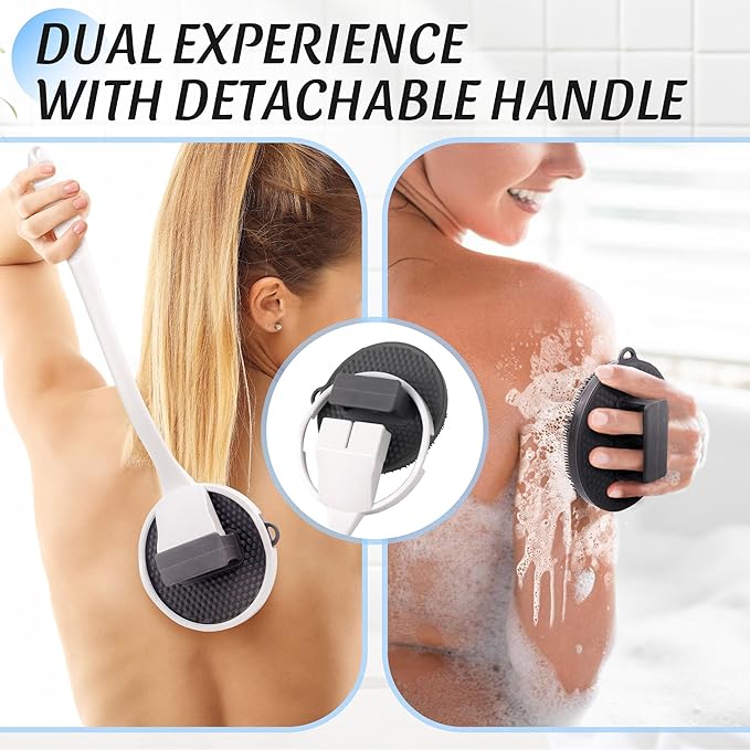 Silicone Back Scrubber for Shower, 15.68'' Detachable Long Handle Bath Brush with Soft Loop Bristles for Deep Cleansing & Gentle Exfoliation, Wall Mounted Body Brush, Men & Women