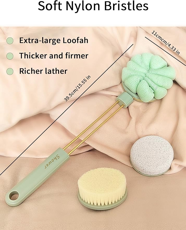 3-in-1 Back Scrubber for Shower Soft Bath Brush Long Handle for Skin Exfoliating Double-Sided Bath Loofah Exfoliating Massage Bristles Suitable for Wet, Women & Men(Green) (RH660-GREEN)