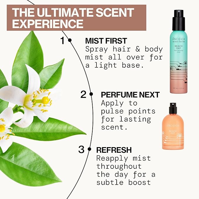 Pacifica Beach Day Hair Mist Perfume & Full Body Spray for Women - Body Mist Fragrance w/Bergamot, Orange Flower, Sandalwood, Amber, Musk & Suede Leather β Clean Beauty Alcohol-Free, Vegan 5 oz