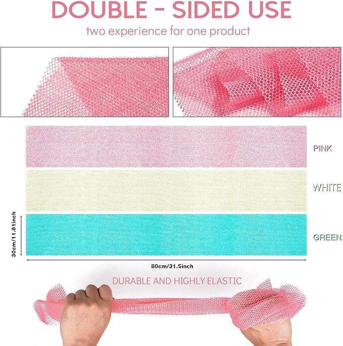 3 Pieces African Net Sponge, African exfoliating net African Net Long Net Bath Sponge Exfoliating Shower Body Scrubber Back Scrubber Skin Smoother(Pink, Green, Off-White)