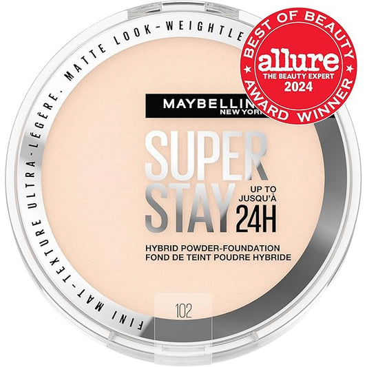 Maybelline Super Stay Up to 24HR Hybrid Powder-Foundation, Medium-to-Full Coverage Makeup, Matte Finish, 102, 1 Count