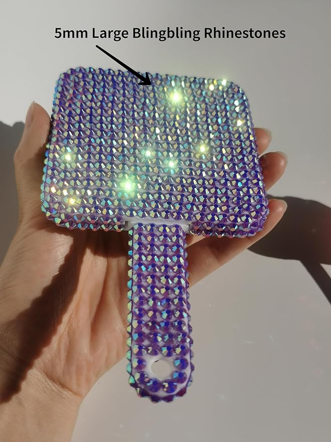Sparkling Rhinestone Handheld Mirror Bling Hand Mirror Adorable Decorative Cosmetic Hand Mirror with Handle Glitter Makeup Mirror, Meaningful Gifts for Women Girls Purple