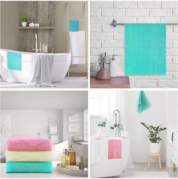 3 Pieces African Net Sponge, African exfoliating net African Net Long Net Bath Sponge Exfoliating Shower Body Scrubber Back Scrubber Skin Smoother(Pink, Green, Off-White)