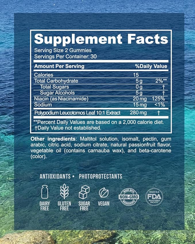Sol Defense Gummies β Dermatologist & Plastic Surgeon-Formulated Skin Resilience Vitamin Supplement with Polypodium Leucotomos & Niacinamide, Passion Fruit Flavor, 60 Sugar-Free Gummies