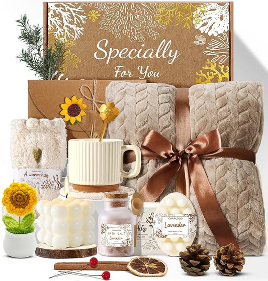 Coralogo Spa Gift Baskets for Women - Get Well Soon, Self Care, Relaxing Sunflower Gift Basket, 11pcs Spa Sets for Women, Luxury Gifts for Birthday Christmas Valentines Day Mothers Day