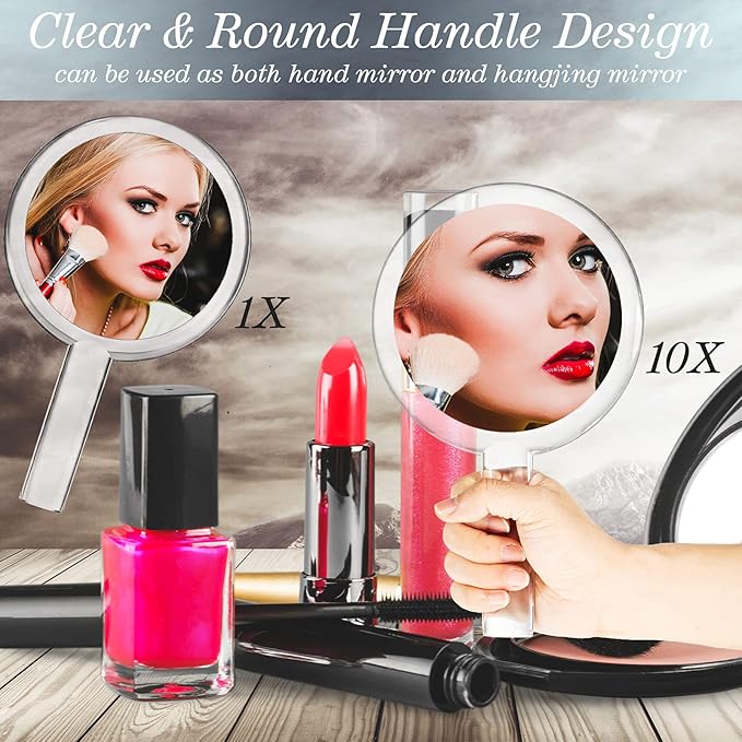 Queekay Double-Sided Handheld Mirror with Stand, 1X/10X Magnifying Mirror, Clear Adjustable, Round Shape, 25.8 x 15 cm