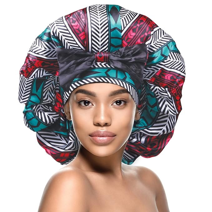 DONNA Jumbo Bow Ribbon Bonnet 1pc Satin Bonnet for Sleeping Removable Reversible Bow Ribbon for Women with Curly Hair, Crochet Hairstyles Silk Hair Accessories Shower Cap Aztec Pattern