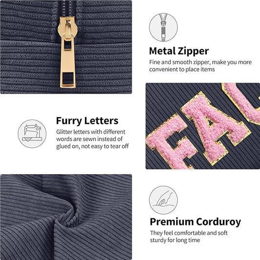 MAGEFY Small Makeup Bag for Purse Portable Makeup Pouch with Compartments Corduroy Make up Bag for Women Travel Cosmetic Essential (Dark Gray, FACE)