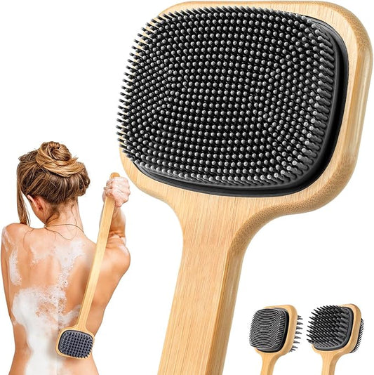 Back Scrubber for Shower, 21.65'' Long Handle Double-Sided Silicone Shower Bath Brush, Bamboo Body Exfoliator for Bath/Dry Brush/Massage/Back Scratching, Gift for Elderly