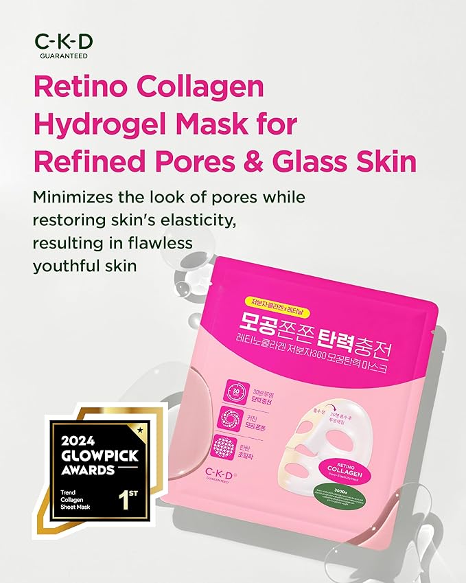 CKD Retino Collagen Boosting Hydrogel Face Mask (10ea) - Korean Firming Jelly Mask for Glass Skin, Pore Minimizing and Moisturizing with Retinal & Low Molecular Collagen. Korean Skin Care.