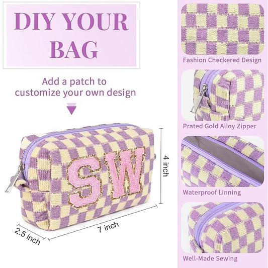 6 Pcs Preppy Makeup Bag Bulk Checkered Cosmetic Bag Purple Makeup Pouch Personalize Travel Toiletry Bag Organizer Cute DIY Makeup Brushes Storage Bag for Women
