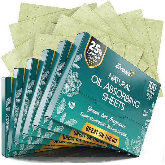 Natural Green Tea Oil Blotting Sheets - 25% Larger (4.7x3") - 600 Makeup Friendly Papers for Face - Easy Dispensing Oil Absorbing Sheets
