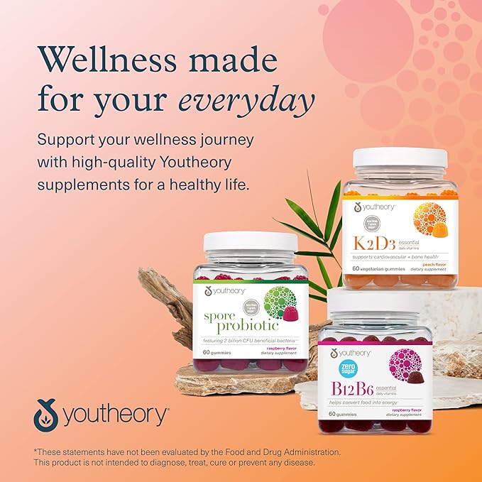 Youtheory K2D3 - Bone & Heart Health Support* - Combines Vitamin D3 & Vitamin K2 - Dairy, Soy & Gluten Free - Peach, 60 Vegetarian Gummies