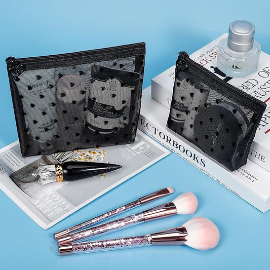 6 Pack Mini Zipper Mesh Makeup Bags, Heart Print Nylon Cosmetic Bags Toiletry Bags for Office Travel Organization (Widened-Black, S)