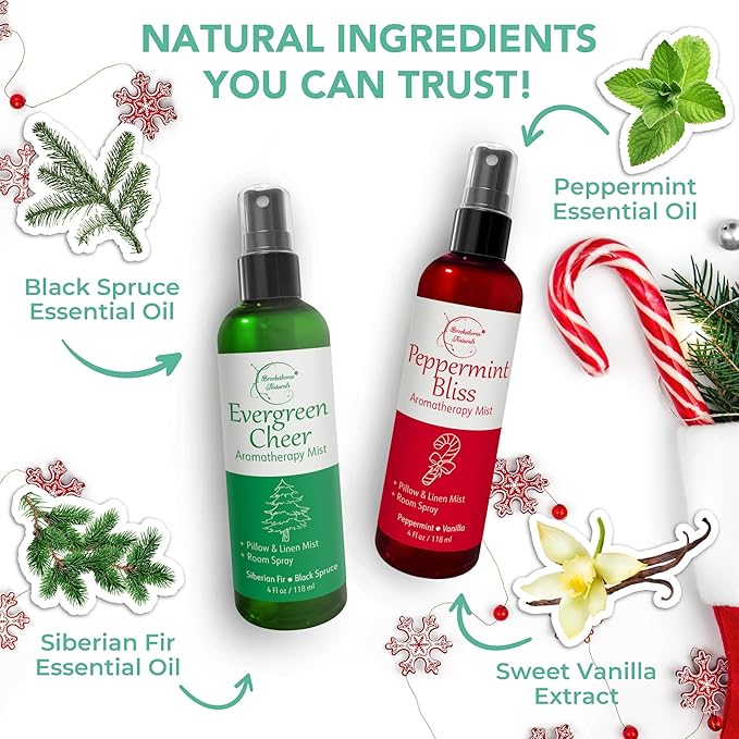 Holiday Aromatherapy Mist 2-Pack β Evergreen Cheer & Peppermint Bliss | Natural Air Freshener & Linen Mist | Perfect Christmas Room Spray & Stocking Stuffer