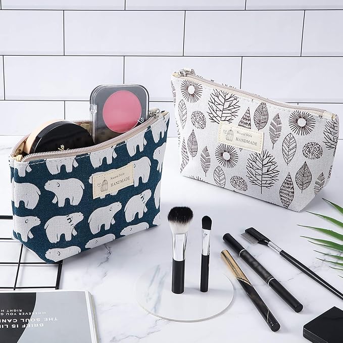 4 Pieces Canvas Cosmetic Bags Set Printed Makeup Bags with Zipper Multi-Functional Canvas Travel Pouch for Women Girls Vacation Travel Toiletry Bag, 4 Styles (Whale, Bear, Tree, Leave, Small)