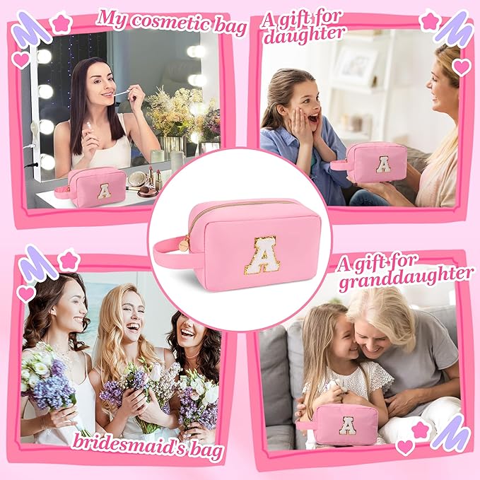 Aveniee Monogram Travel Makeup Bag for Women,Initial Cosmetic Organizer With Handle,Preppy Toiletry Bag,Christmas Birthday Gifts for Women Teen Girls Sister Teacher-Pink S