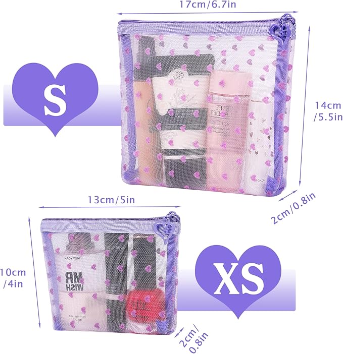 6 Pack Mini Zipper Mesh Makeup Bags, Heart Print Nylon Cosmetic Bags Toiletry Bags for Office Travel Organization (Widened-Purple, S)