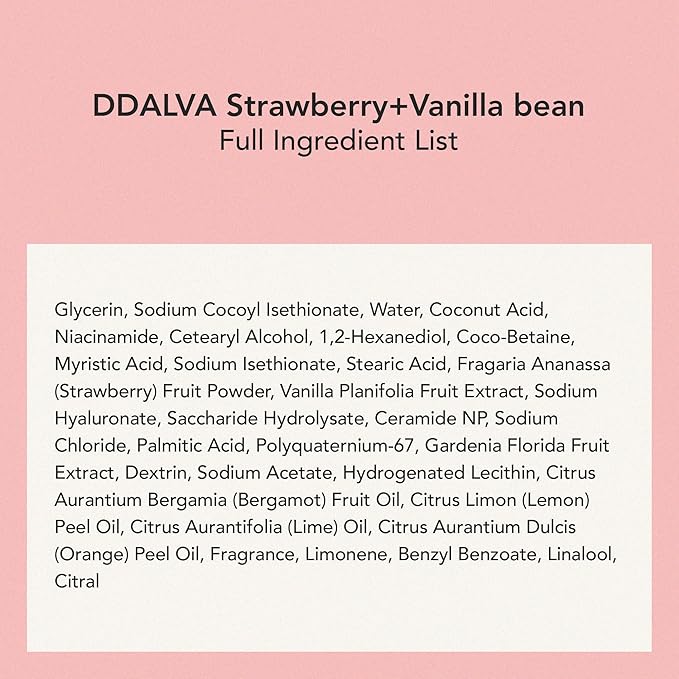 WHIPPED Cream Facial Cleanser Ddalva - Strawberry & Vanilla bean Face Wash - For Dry Dull Skin, Radiant Glow - Moisturizing Cleanser, Niacinamide, Hyaluronic Acid, Vegan Korean Skincare, 4.5 oz