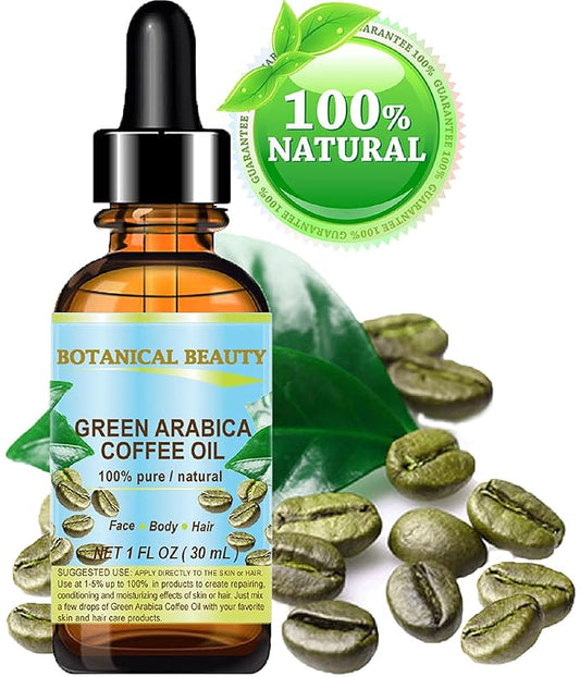 Botanical Beauty GREEN ARABICA COFFEE OIL Brazilian 100% Pure Virgin Unrefined 1 Fl.oz- 30 ml. for Face, Skin, Hair, Lip, Nails. Anti - aging face Oil