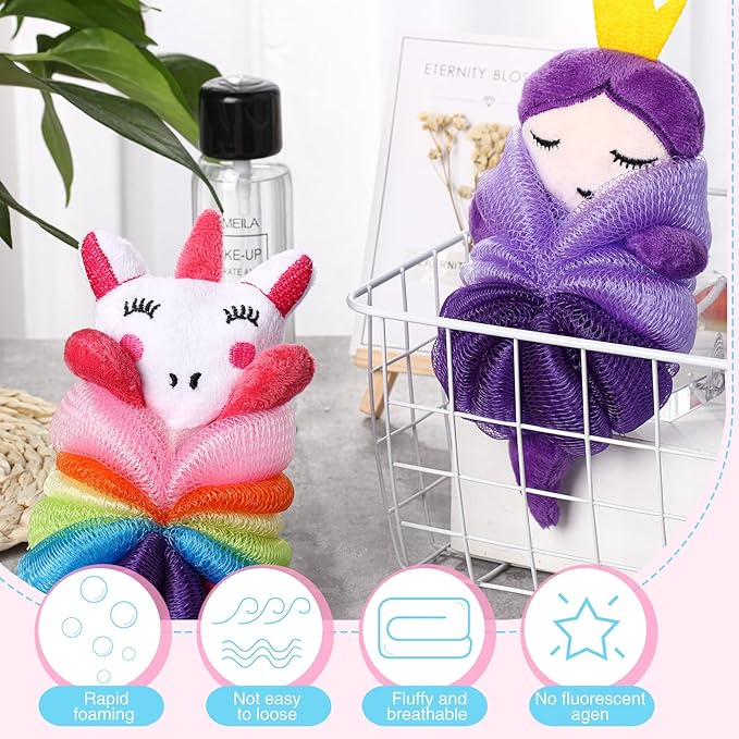 Nuenen 2 Pcs Bath Loofahs Kids Toddler Cute Cartoon Bath Sponges Loofah Pouf Body Scrubber Mesh Sponges for Children Shower Washing Exfoliating(Unicorn, Princess)