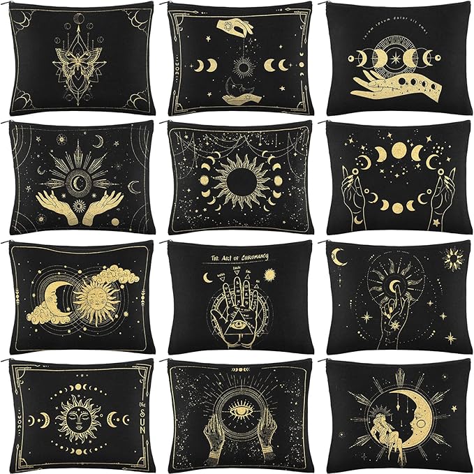 Kajaia 12 Pcs Witch Tarot Makeup Bags Cute Portable Travel Purse Toiletry Pocket Make up Organizer Storage Zipper Pouch Makeup Brush Cosmetic Bags for Women Adult Aesthetic Stuff