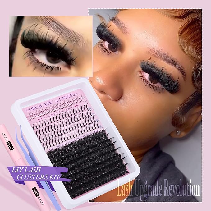 100D Lash Clusters Kit with Bottom Lashes Spikes DIY Lash Extension Kit Thick Cluster Eyelash Extensions 5-20mm Cluster Lashes Strips Eyelash Clusters Individual Lashes Kit with Glue by CORUSCATE