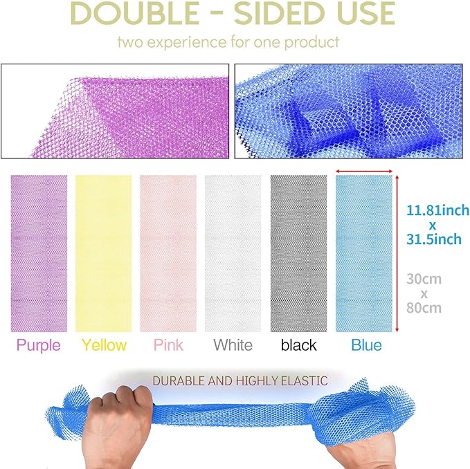 6 Pieces African Bath Sponge African Net Long Net Bath Sponge Exfoliating Shower Body Scrubber Back Scrubber Skin Smoother,Great for Daily Use (Pink, Yellow, Purple, Blue, Black, Off-White)