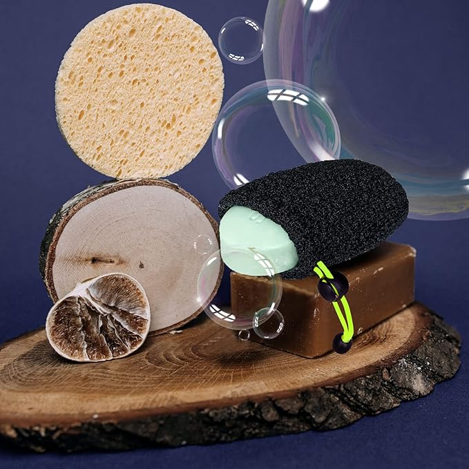 MIG4U Exfoliating Soap Bag for Shower 2 Pieces - Bar Soap Saver Pouch, Bamboo Body Scrubber Exfoliator Pocket in Travel Bathing, Black