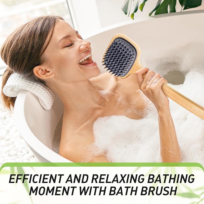 Back Scrubber for Shower, 21.65'' Long Handle Double-Sided Silicone Shower Bath Brush, Bamboo Body Exfoliator for Bath/Dry Brush/Massage/Back Scratching, Gift for Elderly